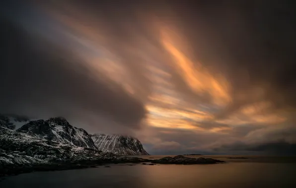 Sea, the sky, clouds, sunset, mountains, stones, rocks, coast
