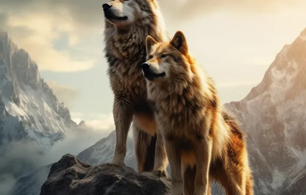 Look, mountains, nature, pose, rocks, wolves, two wolves, AI art