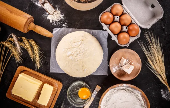 Oil, eggs, flour, the dough, rolling pin, cooking