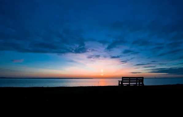 Picture the sky, the sun, clouds, bench, lake, sunrise, dawn, Morning