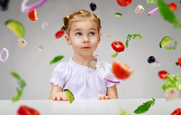 Child, surprise, girl, pepper, vegetables, tomato, little girl, vegetables