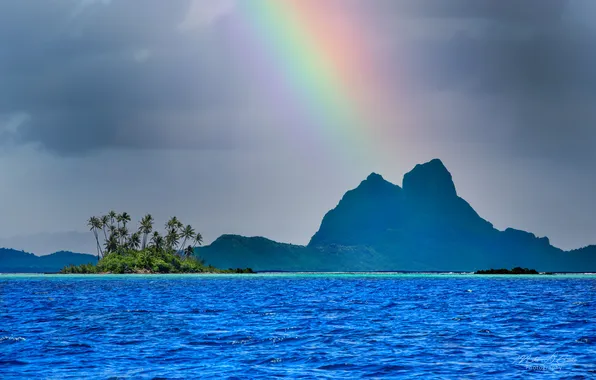 Water, mountains, tropics, palm trees, rainbow