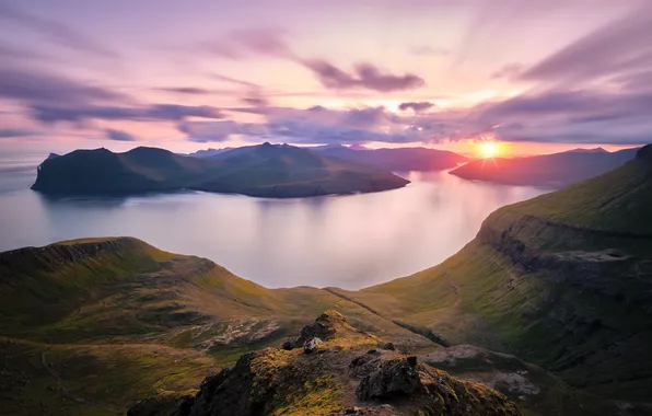 Sea, the sky, the sun, clouds, light, sunset, mountains, lake