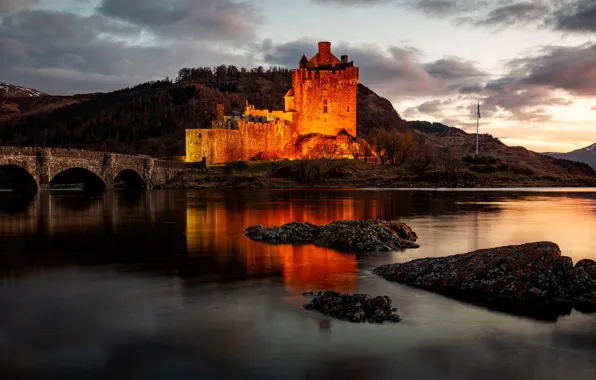 Picture clouds, mountains, bridge, lights, reflection, stones, castle, hills