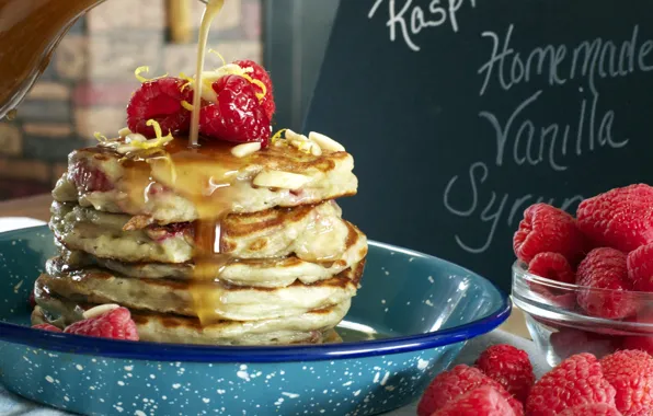 Berries, raspberry, Breakfast, honey, pancakes