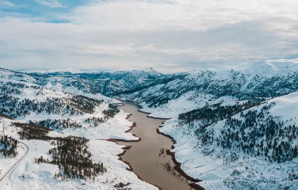 Picture winter, snow, trees, landscape, mountains, river, forest, river