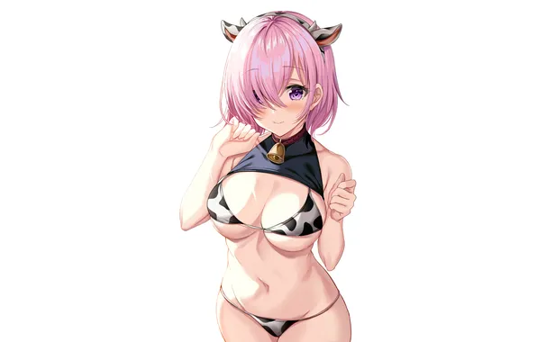 Girl, sexy, cleavage, pink hair, horns, boobs, animal ears, anime