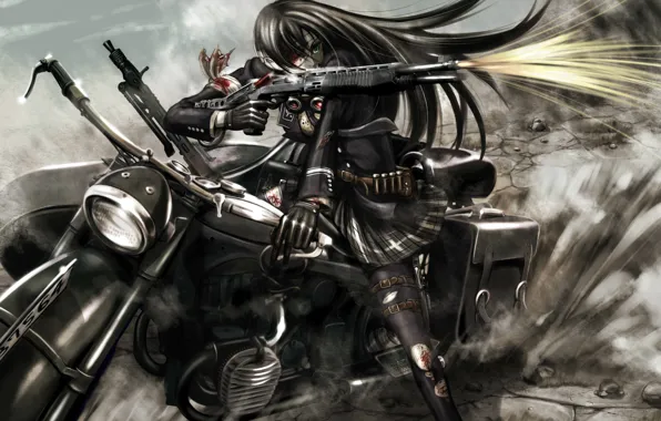 Blood, anime, shot, art, motorcycle, headband, kouji oota, girl. weapons