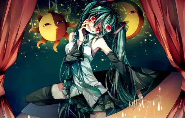 Picture girl, the sun, stars, blood, a month, art, curtains, vocaloid