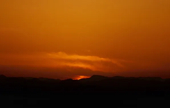 Clouds, sunset, mountains, silhouette, yellow sky