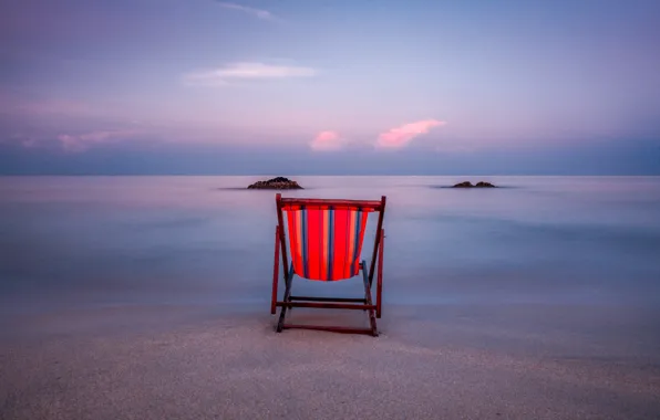 Sand, water, clouds, sunset, the ocean, stay, shore, chair