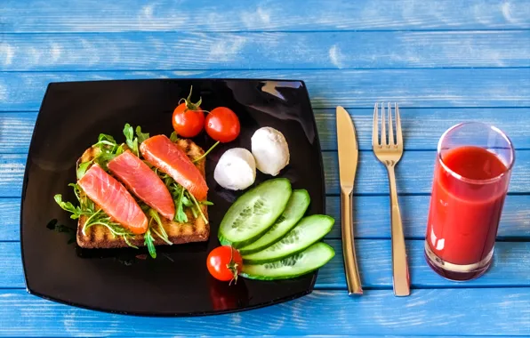 Picture greens, fish, cucumbers, sandwiches