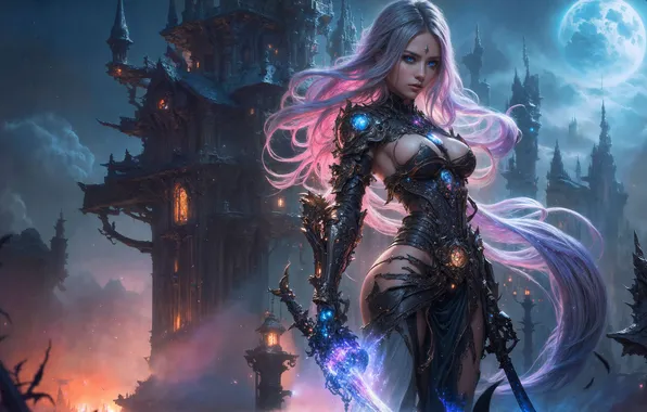 Night, castle, the moon, girl art