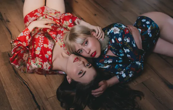 Look, pose, two girls, on the floor