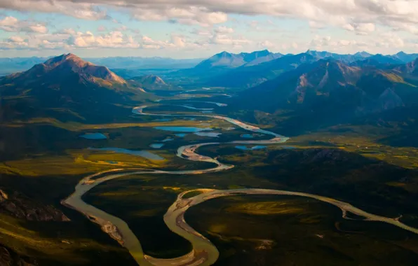 Picture the sky, clouds, mountains, river, Alaska, lake