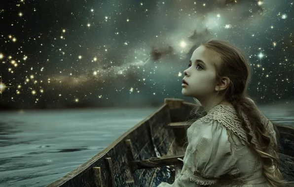 Look, stars, night, lights, boat, fantasy, The milky way, girl