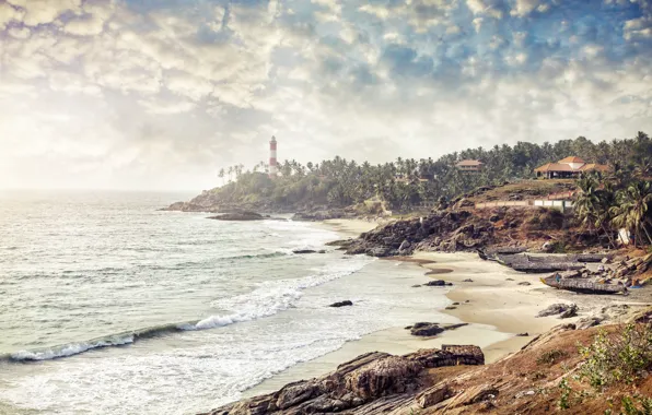 Picture sand, sea, trees, shore, lighthouse, morning, India, surf
