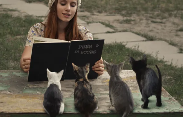 Girl, kittens, book, Puss in boots, David Dubnitskiy