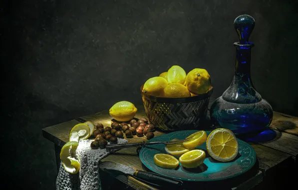 The dark background, plate, dishes, nuts, still life, items, lemons, hazelnuts