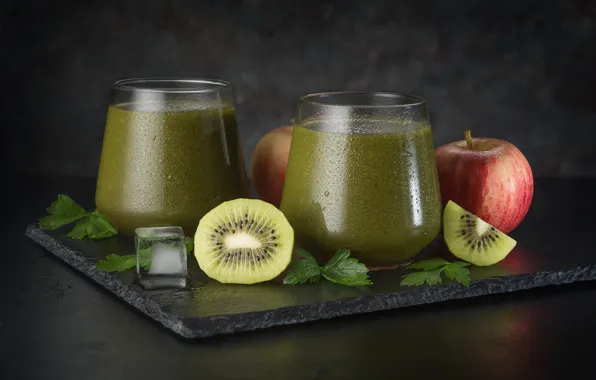 Apple, ice, kiwi, juice, glasses, still life, parsley, smoothies