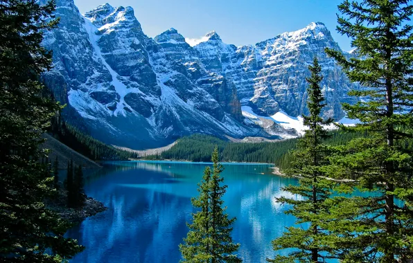 Picture snow, trees, lake, Banff National Park, Canada, Moraine