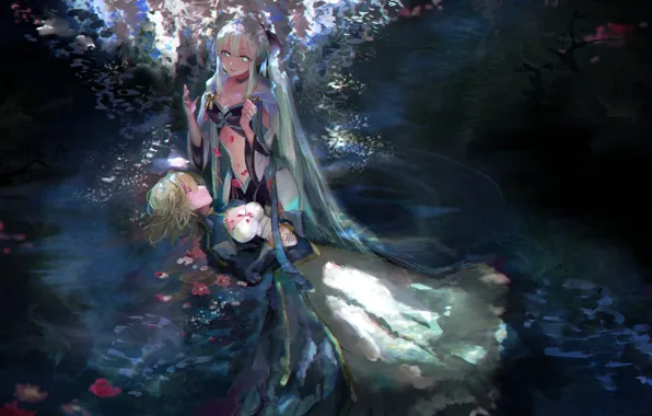 Water, night, girls, Saber, Fate / Grand Order, Morgan le Fay