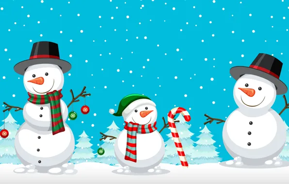 Winter, balls, snow, graphics, Christmas, cane, New year, snowmen