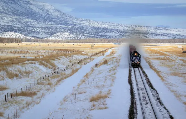 Snow, train, railroad