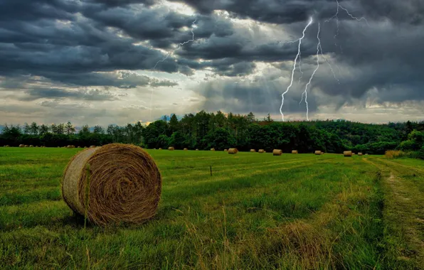 The storm, field, forest, clouds, rain, lightning, hay, bale