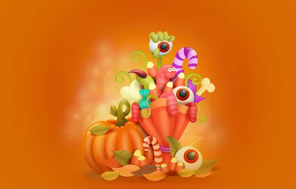 Picture eyes, leaves, holiday, pumpkin, worms, Halloween, vector graphics