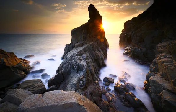 Picture sea, the sun, landscape, rocks, dawn, shore