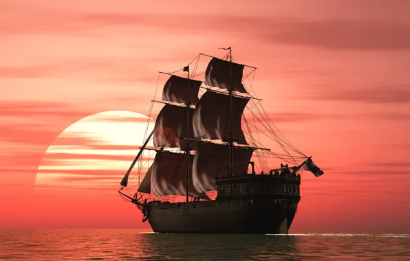 Picture landscape, sunset, rendering, the ocean, ship, sails
