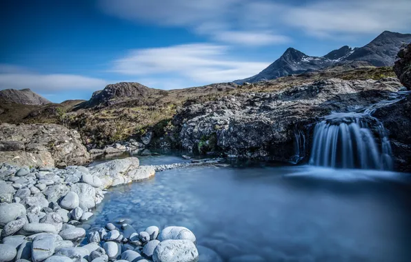 Mountains, lake, waterfall, Scotland