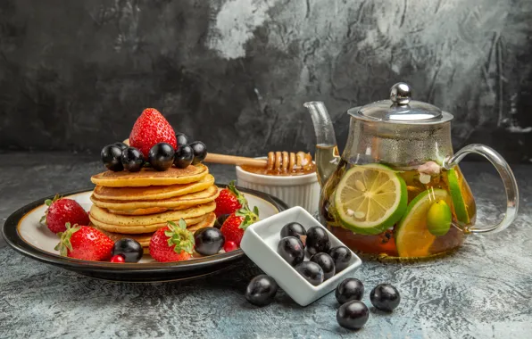 Glass, berries, table, tea, kettle, strawberry, plate, grapes