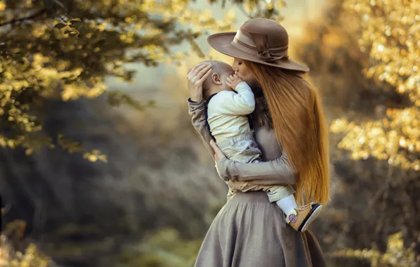 Picture autumn, nature, woman, kiss, hat, dress, baby, mom
