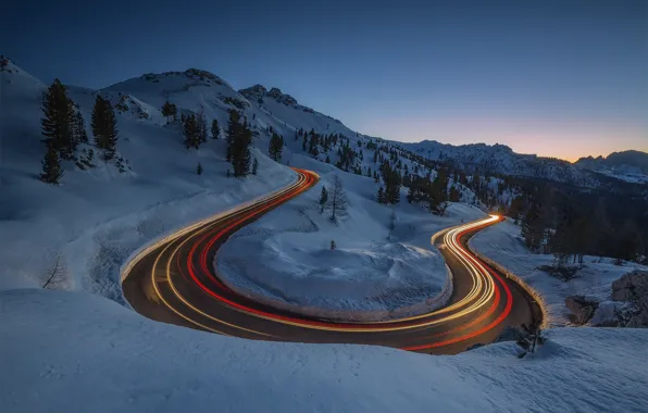 Winter, road, light, mountains