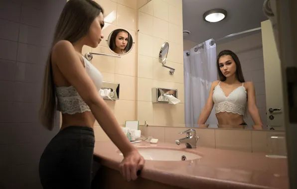 Look, sexy, pose, reflection, model, jeans, makeup, figure