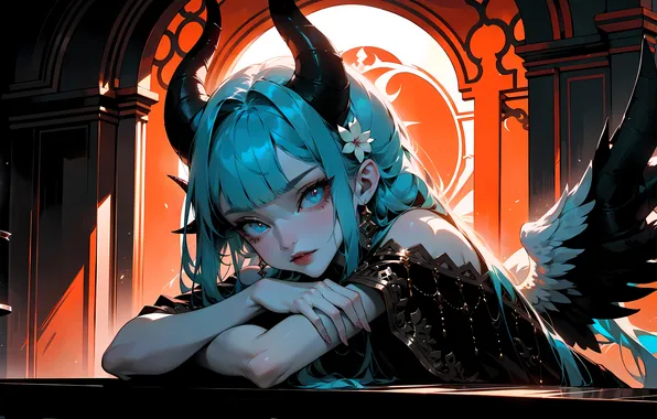 Look, girl, wings, anime, the demon, horns, blue hair
