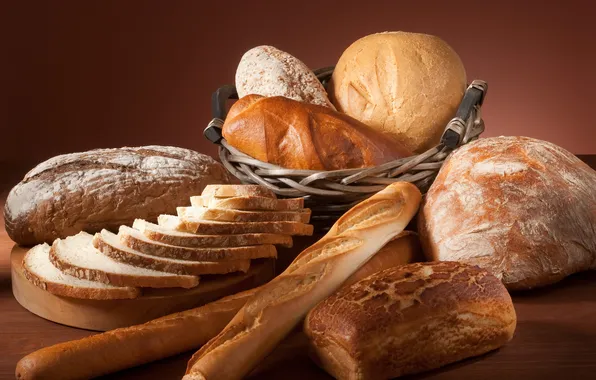 Basket, bread, Board, different, loaves, rifled