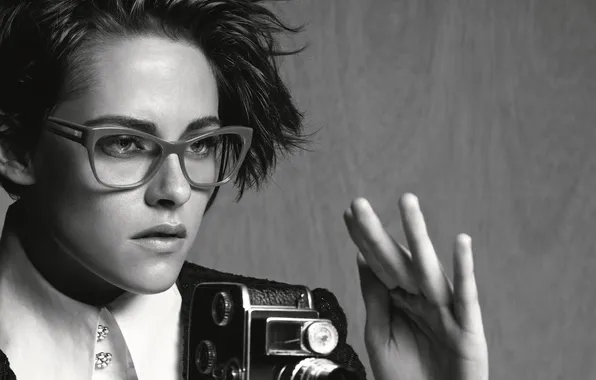 Picture girl, black and white, camera, actress, Kristen Stewart