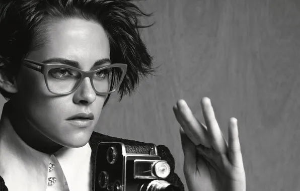 Girl, camera, actress, black and white, Kristen Stewart