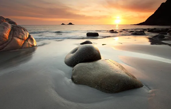 Sea, sunset, stones, rocks, shore, tide, Seascape