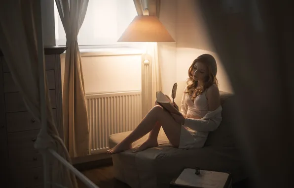 Girl, light, room, sofa, pen, lamp, window, records