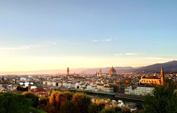 City, tower, cathedral, river, Italy, Florence, buildings, architecture