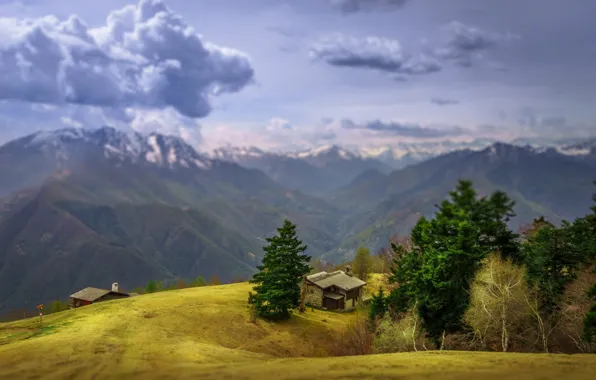 Mountains, Alps, house, bokeh