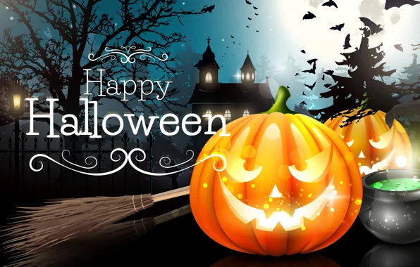 Night, castle, pumpkin, Halloween, Halloween