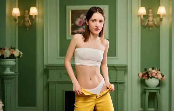 Model, brunette, gorgeous, photoshoot, posing, beautiful face, pretty eyes, bare midriff