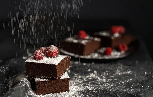 Berries, raspberry, the dark background, table, plate, pie, cake, pieces