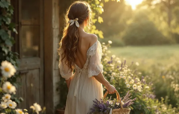 Field, girl, the sun, rays, light, trees, flowers, nature