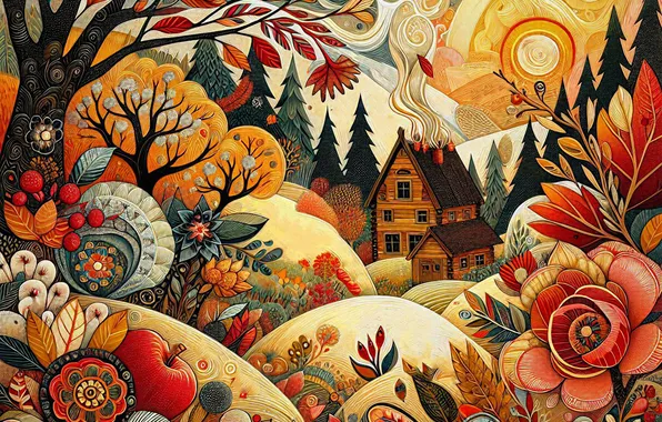 Autumn, the sun, trees, flowers, hills, pattern, apples, styling